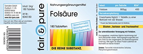 Ácido fólico 800µg - Vegano - Importante durante el embarazo - Alta pureza - Para 6 meses - 180 Comprimidos