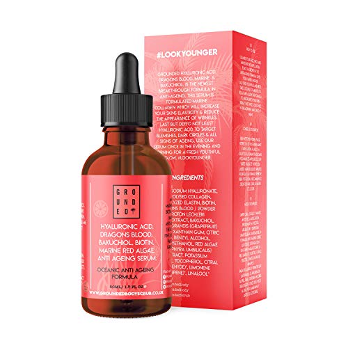 Ácido hialurónico, sangre de dragón, colágeno marino, Bakuchiol, algas rojas, Q7 y biotina suero facial antienvejecimiento por Grounded – Cóctel súper antienvejecimiento