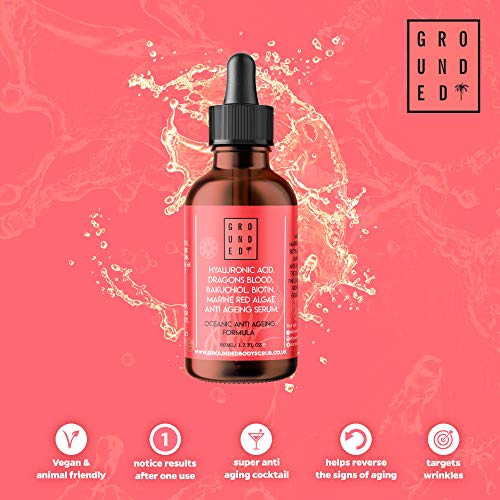 Ácido hialurónico, sangre de dragón, colágeno marino, Bakuchiol, algas rojas, Q7 y biotina suero facial antienvejecimiento por Grounded – Cóctel súper antienvejecimiento