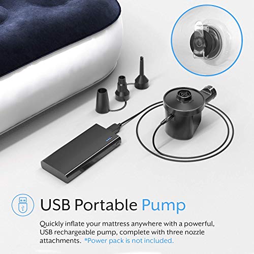 Active Era Cama de Aire para Acampar Matrimonial con Bomba Recargable USB - con Almohada Integrada, Bolsa de Viaje, Bomba de Aire Portátil con Cable de Carga USB y Bomba de Pie