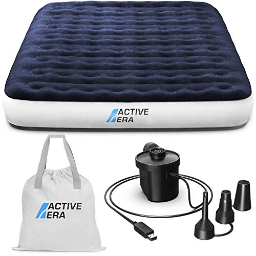 Active Era Cama de Aire para Acampar Matrimonial con Bomba Recargable USB - con Almohada Integrada, Bolsa de Viaje, Bomba de Aire Portátil con Cable de Carga USB y Bomba de Pie