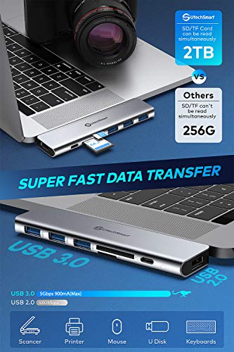 Adaptador Macbook Pro, Adaptador USB C multipuerto, Aluminio Thunderbolt 3 tipo C Dongle MacBook Pro Accesorios con 3 puertos USB 3.0, lector de tarjetas TF SD, USB-C PD Compatible para MacBook Pro