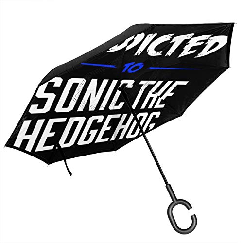 Addicted to Sonic The Hedgehog paraguas invertido de doble capa con texto de rascador para el reverso del coche, plegable, hacia abajo, manos en forma de C, ligero y resistente al viento, regalo ideal