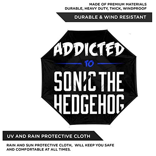 Addicted to Sonic The Hedgehog paraguas invertido de doble capa con texto de rascador para el reverso del coche, plegable, hacia abajo, manos en forma de C, ligero y resistente al viento, regalo ideal