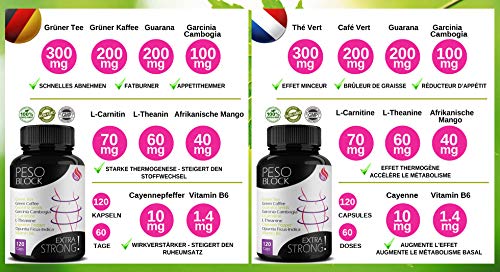 ADELGAZANTE POTENTE Peso Block | Quemagasas para Perder Peso Rápidamente Reducir el Apetito Aumentar Metabolismo y Energía | 120 Pastillas Efectivo para Adelgazar Barriga Grasa Abdominal Muslos