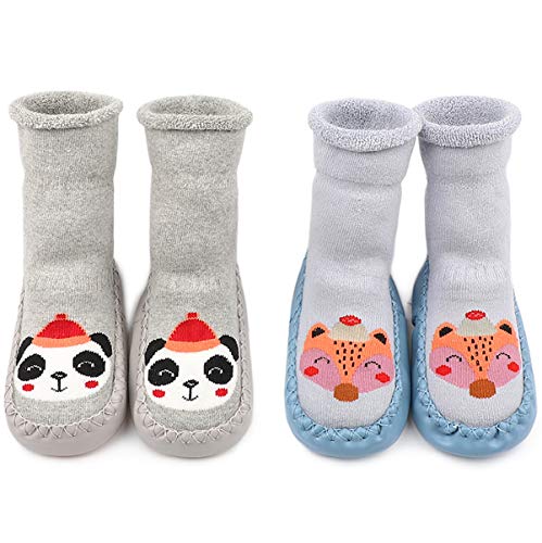 Adorel Calcetines Zapatos Antideslizantes Forros Bebé 2 Pare Azul Zorro & Gris Panda 19-20 (Tamaño del Fabricante 13)