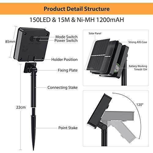 Aerb Guirnalda Luz Exterior Solar, 2 Pack Cadena de Luces 15M 150 LED, Panel Solar de 85X85mm, Impermeable Iluminación Decoración para Árbol en Jardín, Navidad, Fiesta, Patio, Celebración, Casa