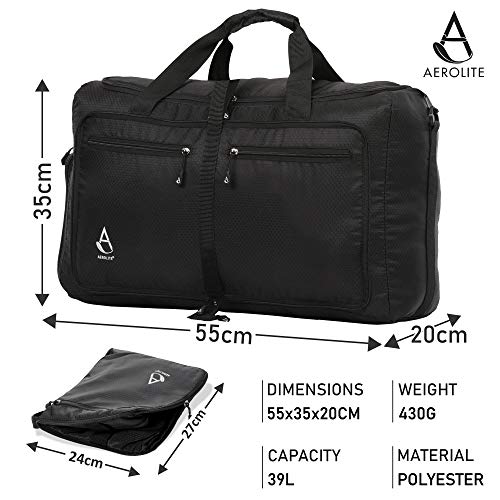 Aerolite 55x35x20cm 39L Equipaje de mano Bolsa Compacta y Plegable Ultra Ligera Bolsa de Viaje Bolsa de Deporte Bolsa de Vuelo 55x35x20 , Negro