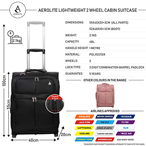 Aerolite 55x40x20 Tamaño Máximo de Ryanair y Vueling Trolley Maleta Equipaje de Mano Cabina Ligera con 2 Ruedas, Ampliable a 55x40x23cm para Lufthansa, Norwegian, Eurowings, Turkish Airlines y más