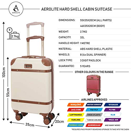 Aerolite ABS Equipaje de Mano Cabina Trolley Maleta Rígida Estilo Clásico Retro Vintage Ligero de 4 Ruedas 55x35x20 (Crema)