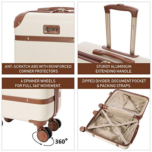 Aerolite ABS Equipaje de Mano Cabina Trolley Maleta Rígida Estilo Clásico Retro Vintage Ligero de 4 Ruedas 55x35x20 (Crema)