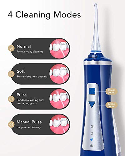 AEVO Irrigador Bucal Inalámbrico, 4 modos, Portátil y Recargable, Resistencia Agua IPX7, Irrigador Dental Tanque Agua Lavable 240ml, para Casa y Viajes, Limpieza Aparatos Ortopédicos/Brackets, Azul