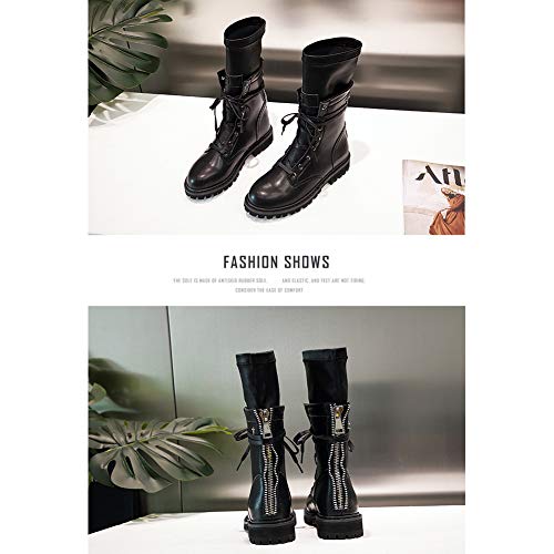 AFANG Botas Mujer Plataforma, Antideslizante Peso Ligero Plano Media Pierna Zapatos, Ocio Botines Tacon Botas Cortas Tacones Cremallera Botas Mujer Martin Cabeza Redonda Botines Moda Vintage,Negro,36