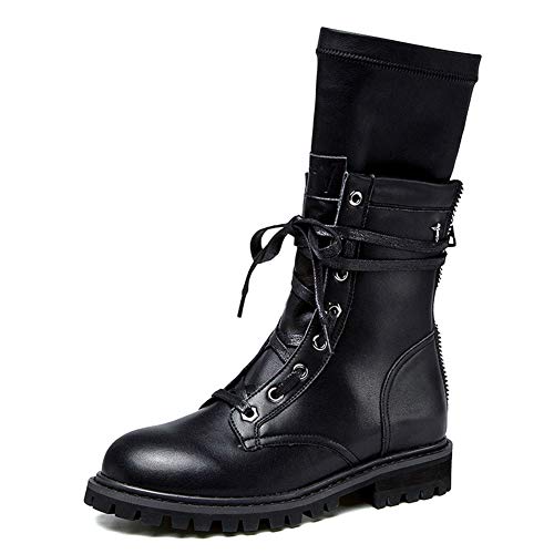 AFANG Botas Mujer Plataforma, Antideslizante Peso Ligero Plano Media Pierna Zapatos, Ocio Botines Tacon Botas Cortas Tacones Cremallera Botas Mujer Martin Cabeza Redonda Botines Moda Vintage,Negro,36
