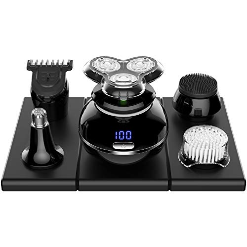 Afeitadora de Cabeza Calva 5 en 1 Cortapelos Rasuradora Maquinilla de Afeitar Afeitadora eléctrica hombre rotativa para uso en Húmedo y Seco Cinco Cabezales Recargable