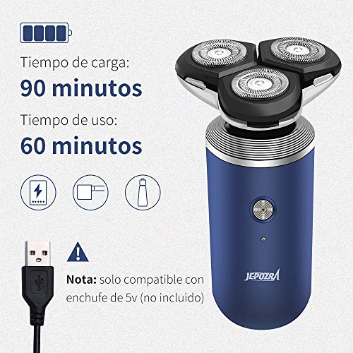 Afeitadora Eléctrica Para Hombre,Afeitadora de Doble filo y tres Cabeza, sin Cable, uso en Húmedo y Seco, 45 min de uso/1 h carga,Carga rápida USB, con Tapa Protectora del Cabezal, color Azul