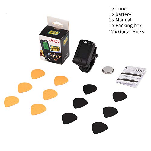 Afinador de Guitarra Sintonizador Digital Cromático con Clip, EXJOY Tuner de 5 modos con 12 Púas para Guitarra Eléctrica, Guitarra Española, Acústica, Bajo, Violín, Ukelele