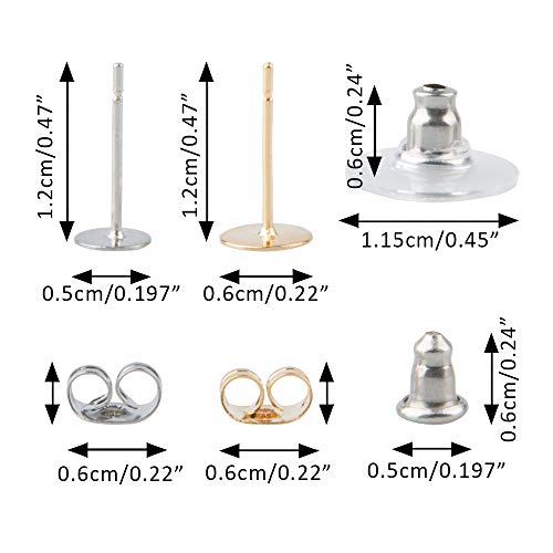 AFUNTA 200 piezas de acero inoxidable pendientes parte trasera y 10 piezas tapones para los oídos con goma y 10 piezas tipo bala tapón de oreja para bricolaje joyería, oro y plata