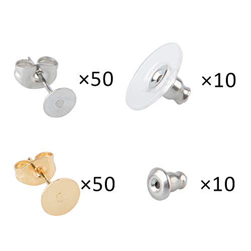 AFUNTA 200 piezas de acero inoxidable pendientes parte trasera y 10 piezas tapones para los oídos con goma y 10 piezas tipo bala tapón de oreja para bricolaje joyería, oro y plata