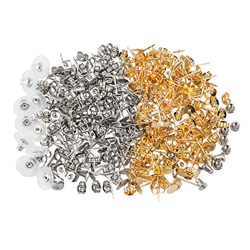 AFUNTA 200 piezas de acero inoxidable pendientes parte trasera y 10 piezas tapones para los oídos con goma y 10 piezas tipo bala tapón de oreja para bricolaje joyería, oro y plata