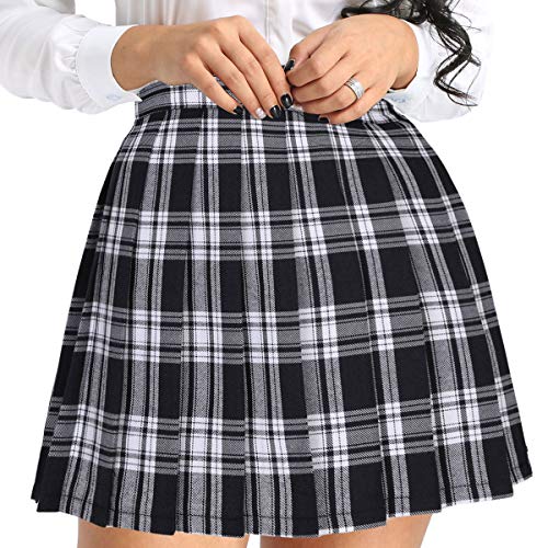 Agoky Falda Escocesa para Mujer Chica Falda Plisada Cuadros/Color Sólido Cosplay Falda Corta Talla Grande Disfraz de Escolar Japónes Fiesta Negro Y Blanco Medium
