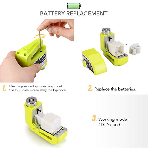 AGPTEK Candado Disco Moto con 1.5M Cable de Recordatorio, Candado Bloqueo 7mm con Alarma 110DB Antirrobo para Motos, Motocicletas, Bicicletas, Verde