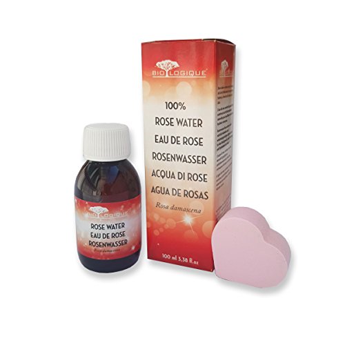 Agua de rosas 100% pura, ideal para tonificar la cara, el cuello, los ojos , la piel seca, el cuerpo y el cabello, equilibrar el pH como un astringente natural, 100 ml, esponja de limpieza incluida