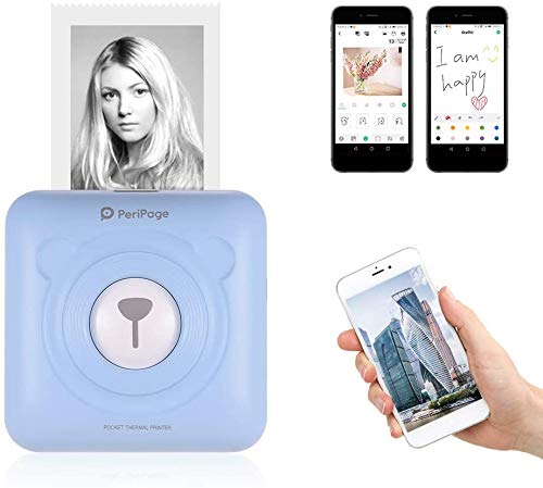 Aibecy goojprt peripage Mini Pocket Impresora térmica inalámbrica BT Image Etiquette Photo Mémo Impresora recibo con Cable USB Toma de Carga de Smartphone Android iOS (Azul)