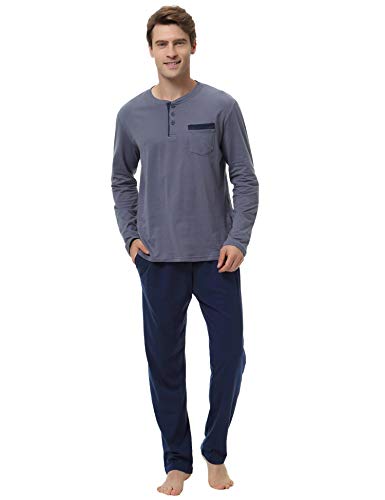 Aibrou 100% Algodón Pijamas Hombre Invierno Mangas Largas Pantalones Largo, Simple y Cómodo