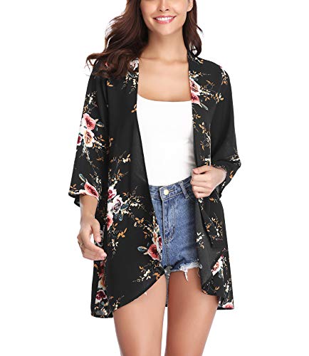Aibrou Mujer Chal Flojo Cárdigan Kimono Florales, Manga 3/4 Tops Blusa Floral Suelta Casual Boho Style Capas(Negro S)
