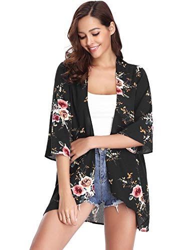 Aibrou Mujer Chal Flojo Cárdigan Kimono Florales, Manga 3/4 Tops Blusa Floral Suelta Casual Boho Style Capas(Negro S)