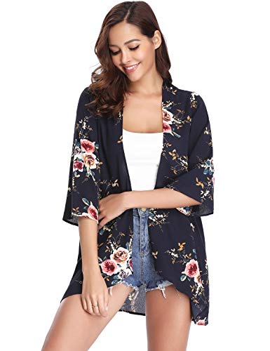 Aibrou Mujeres gasas Chal Flojo, Estampado Kimono Cardigan Top Cover Up Blusa Beachwear(Armada L)