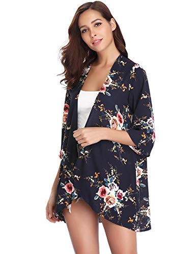 Aibrou Mujeres gasas Chal Flojo, Estampado Kimono Cardigan Top Cover Up Blusa Beachwear(Armada L)