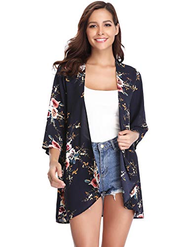 Aibrou Mujeres gasas Chal Flojo, Estampado Kimono Cardigan Top Cover Up Blusa Beachwear(Armada L)