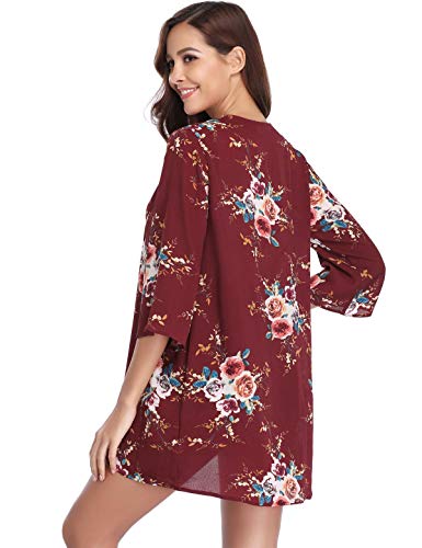 Aibrou Mujeres gasas Chal Flojo, Estampado Kimono Cardigan Top Cover Up Blusa Beachwear(Vino Rojo XXL)