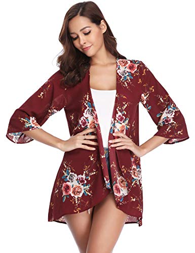 Aibrou Mujeres gasas Chal Flojo, Estampado Kimono Cardigan Top Cover Up Blusa Beachwear(Vino Rojo XXL)