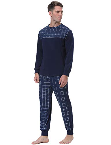 Aibrou Pijama Hombre Algodón Largo 2 Piezas,Ropa de Dormir Causal Camiseta y Pantalones Cómodo cálido para Otoño e Invierno Talla S-XXL
