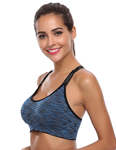Aibrou Sujetador Deporte Mujer con Relleno Elastico y Transpirable Sujetadores Deportivo Gimnasio Yoga Fitness Ejercicio(XL, Azul)