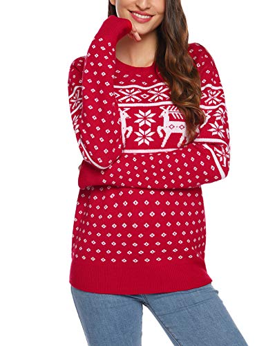 Aibrou Unisexo Suéter de Copos de Nieve de Renos navideños Jersey de Punto Vintage de Navidad Ropa Familiar(1# Mamá Roja S)