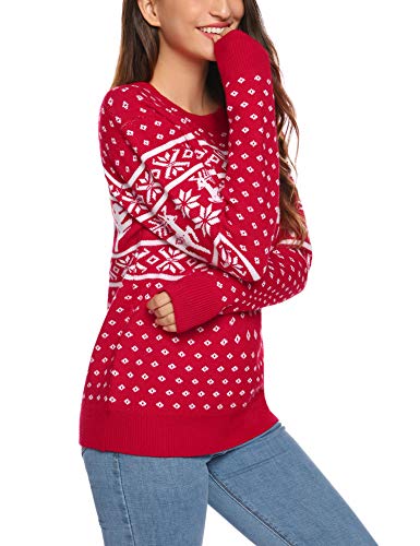 Aibrou Unisexo Suéter de Copos de Nieve de Renos navideños Jersey de Punto Vintage de Navidad Ropa Familiar(1# Mamá Roja S)