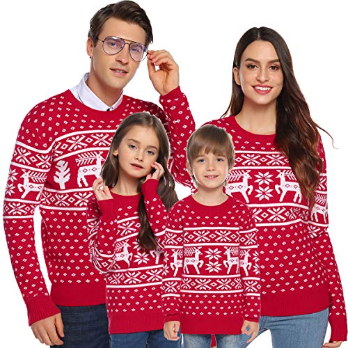 Aibrou Unisexo Suéter de Copos de Nieve de Renos navideños Jersey de Punto Vintage de Navidad Traje Familiar(1# Mamá Roja M)