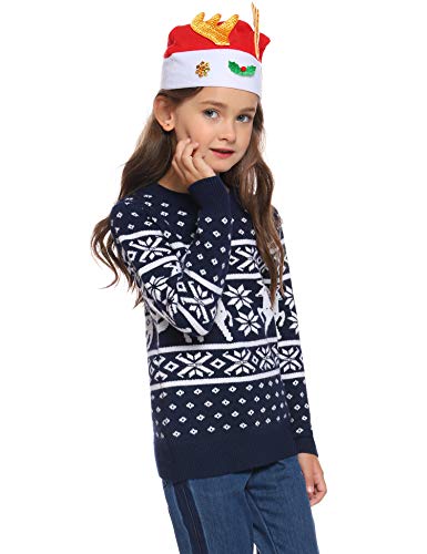Aibrou Unisexo Suéter de Copos de Nieve de Renos navideños Jersey de Punto Vintage de Navidad Traje Familiar(1# Niños Azul Marino S)