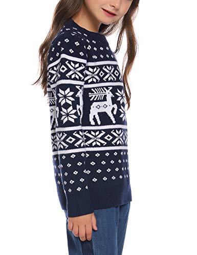 Aibrou Unisexo Suéter de Copos de Nieve de Renos navideños Jersey de Punto Vintage de Navidad Traje Familiar(1# Niños Azul Marino S)