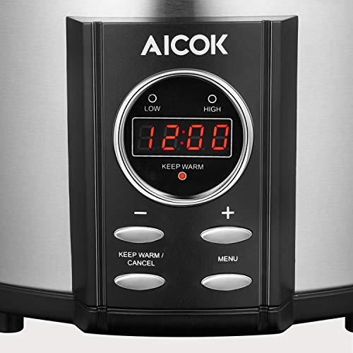 AICOK Olla de Cocción Lenta, 6.5l Slow Cooker Temporizador Digital y 3 Configuraciones de Temperatura, Olla Coccion Lenta Tapa de Vdrio y Olla de Cerámica, Plata, 315W (6.5 litros)