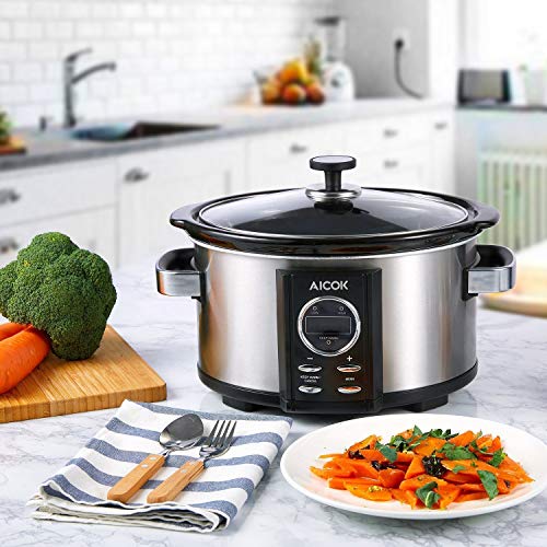 AICOK Olla de Cocción Lenta, 6.5l Slow Cooker Temporizador Digital y 3 Configuraciones de Temperatura, Olla Coccion Lenta Tapa de Vdrio y Olla de Cerámica, Plata, 315W (6.5 litros)