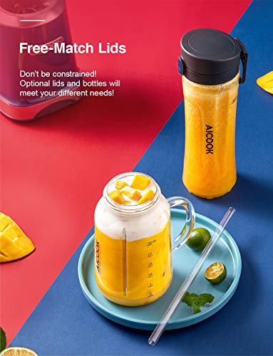 AICOOK batidora de vaso multifunción, mini licuadora 2 en 1 con la taza Mason de 600 ml y la tetera deportiva de 600 ml, sin botón Arranque automático, Pajitas y Libro de recetas, 26000RMP