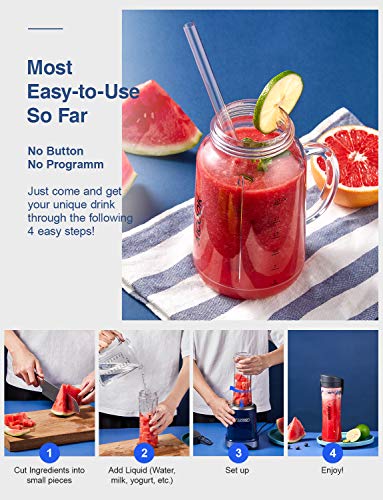 AICOOK batidora de vaso multifunción, mini licuadora 2 en 1 con la taza Mason de 600 ml y la tetera deportiva de 600 ml, sin botón Arranque automático, Pajitas y Libro de recetas, 26000RMP