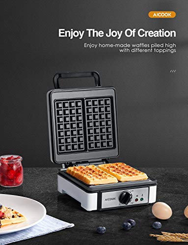 Aicook Gofrera, 1200W Belga Gofreras eléctrica con Control de Temperatura, Luces Indicadoras, Revestimiento Antiadherente, Fácil de Limpiar, Dos gofres a la Vez