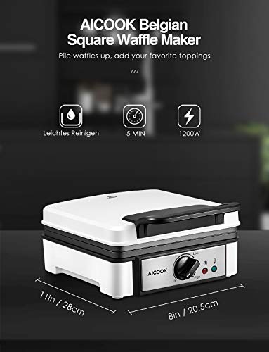 Aicook Gofrera, 1200W Belga Gofreras eléctrica con Control de Temperatura, Luces Indicadoras, Revestimiento Antiadherente, Fácil de Limpiar, Dos gofres a la Vez