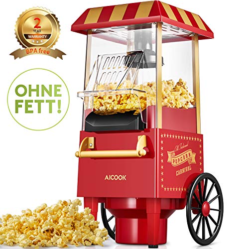 Aicook Palomitero, Aire Caliente Sin Grasa Aceita, Vintage Máquina de Palomitas con Gran Capacidad, Libre de BPA, Rojo